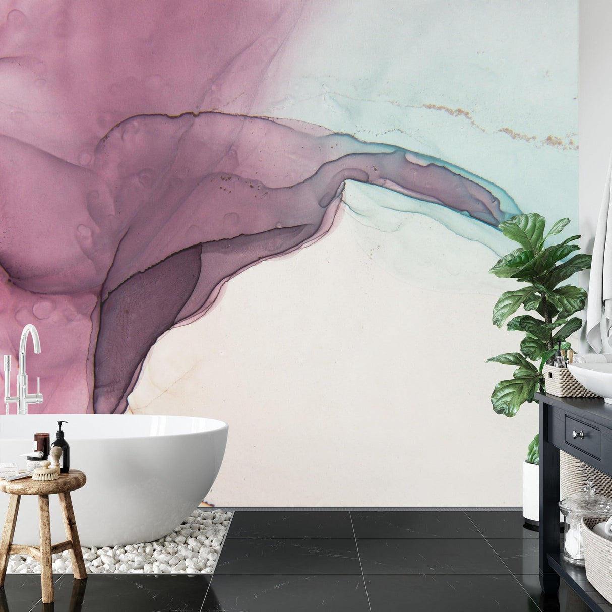 Mint and pink abstract mural wallpaper in a contemporary dining room