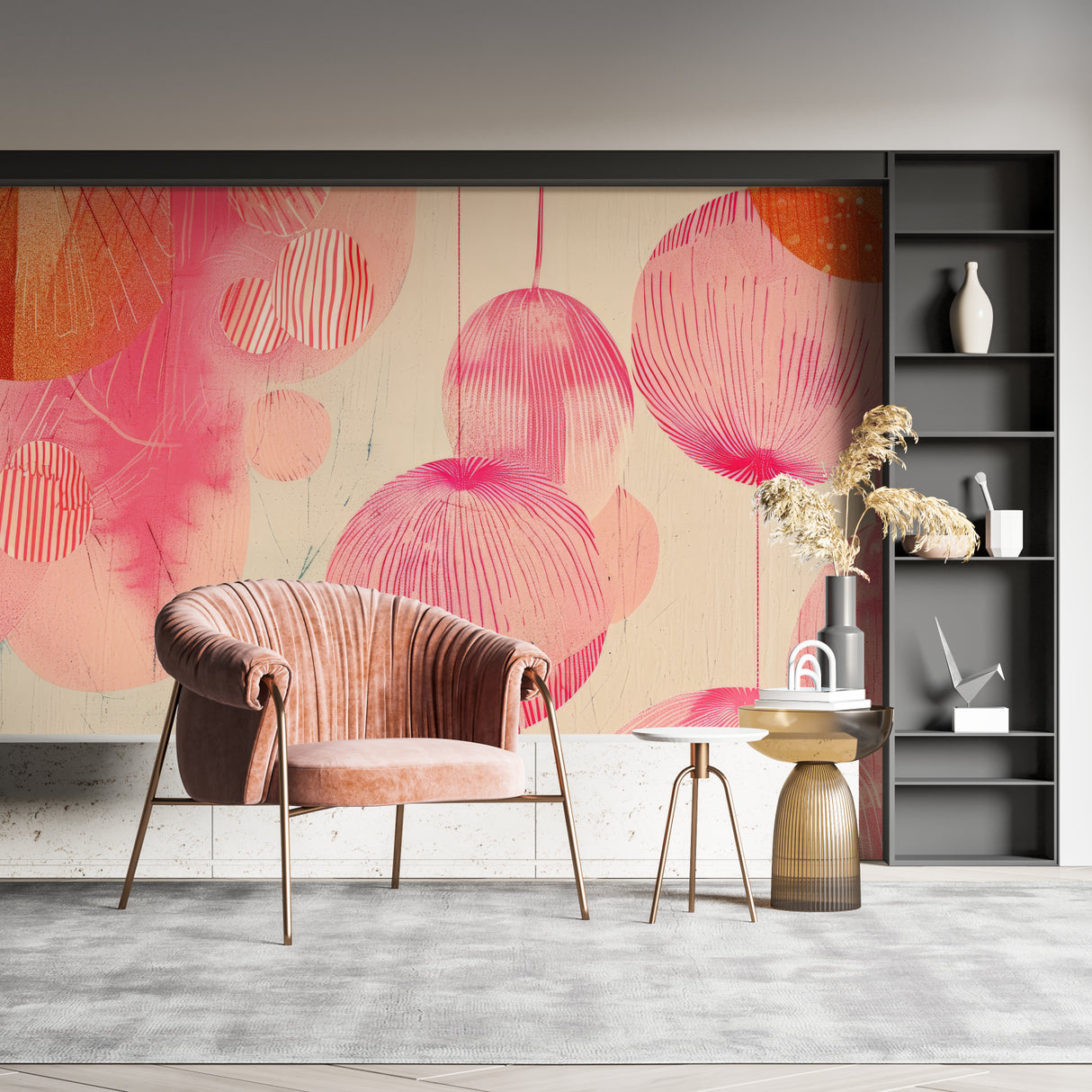 Abstract pink and orange circle pattern mural in bright bedroom with white furniture