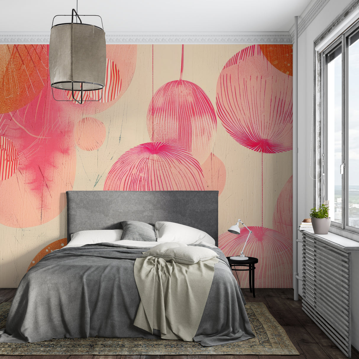 Geometric pink wallpaper featuring circles in contemporary home office space