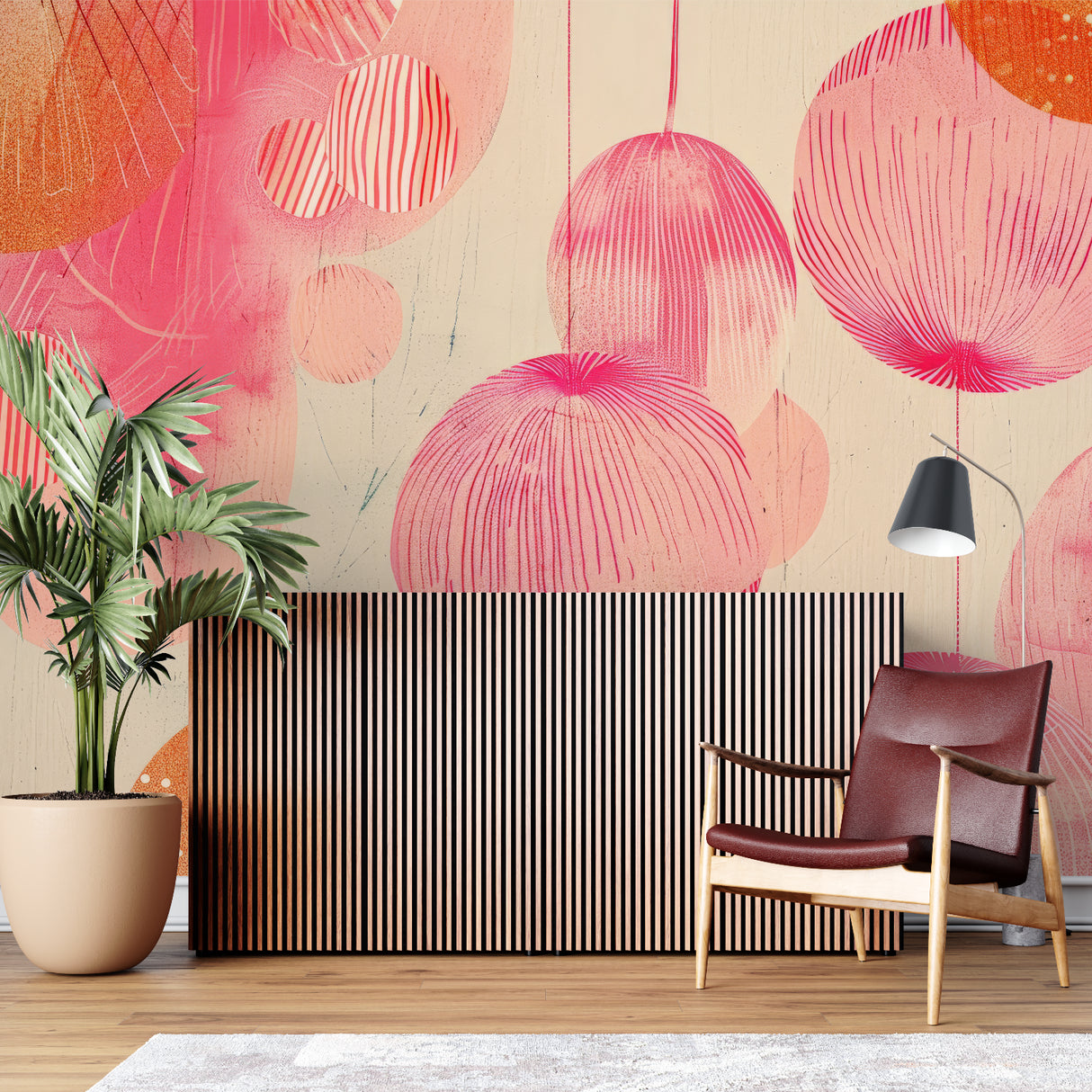 Modern dining room with pink geometric circle wallpaper and wooden table