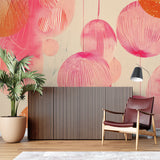 Modern dining room with pink geometric circle wallpaper and wooden table