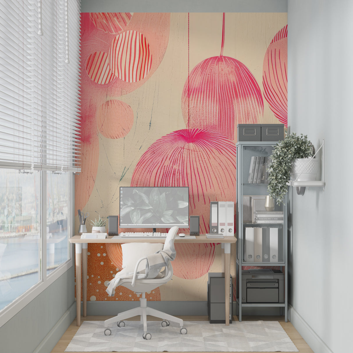 Pink and orange circle pattern mural in minimalist hallway with modern lighting