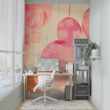 Pink and orange circle pattern mural in minimalist hallway with modern lighting