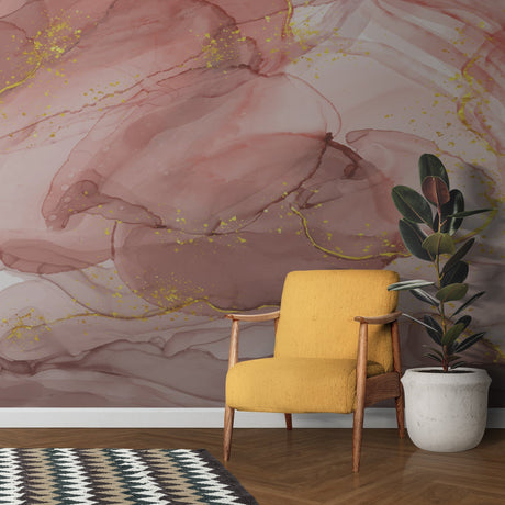 Pink marble wallpaper with gold accents in modern living room, soft evening light highlights metallic details