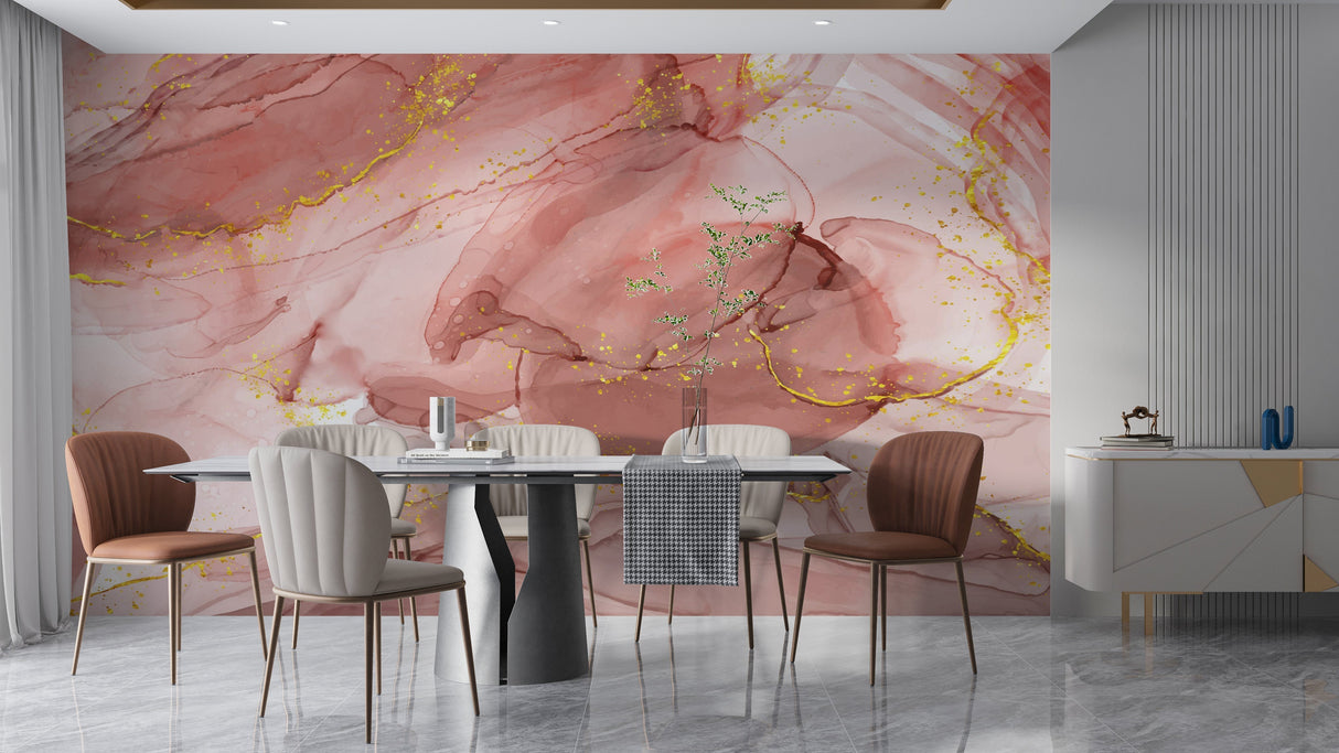 Luxurious dining room featuring pink and gold marble wallpaper mural, crystal chandelier reflects metallic elements