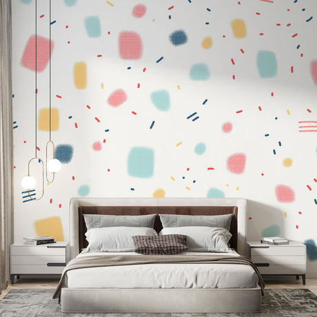 Modern geometric dot wallpaper bringing life to a bright home office space, with desk and creative workspace setup