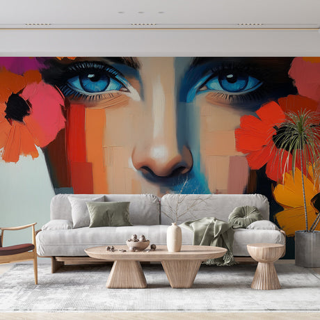 Abstract Portrait Wallpaper with coral flowers in modern living room, highlighting the dramatic blend of realism and art