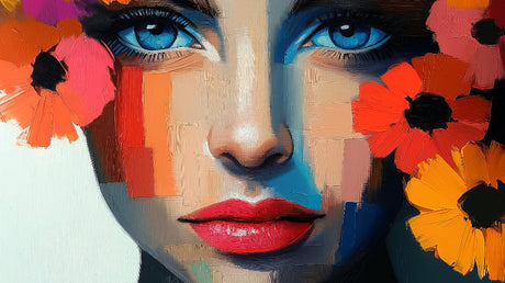 Abstract Portrait Wallpaper design file showing detailed floral portrait pattern with blue eyes and coral flowers