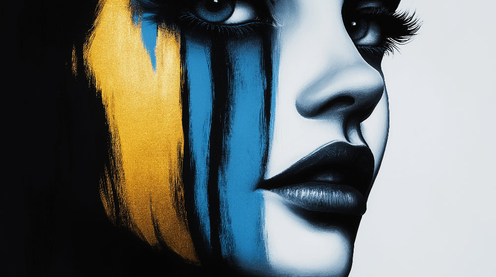 Abstract portrait wallpaper design file showing detailed gold and blue artistic brushstrokes pattern