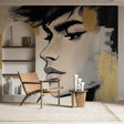 Modern Abstract Portrait Wallpaper styled in a minimalist living room, black and gold artwork creating dramatic focal point