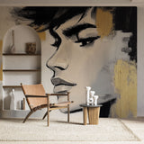 Modern Abstract Portrait Wallpaper styled in a minimalist living room, black and gold artwork creating dramatic focal point