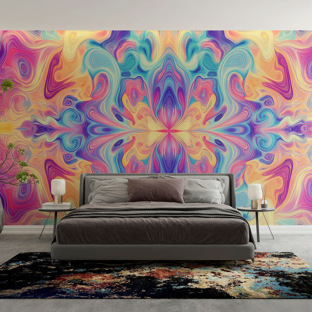 Abstract swirl wallpaper mural bringing colorful energy to a modern living room with white furniture