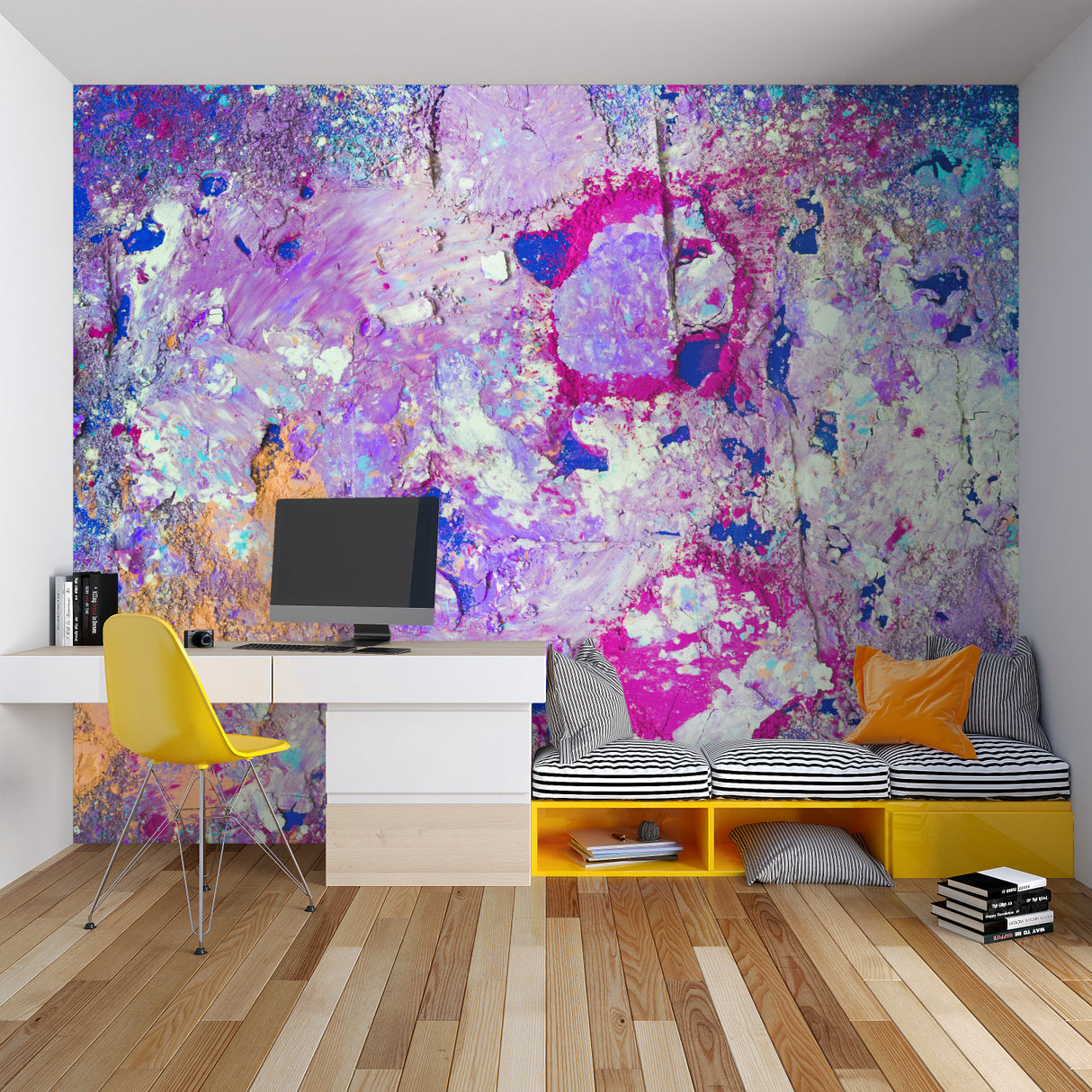 Home office featuring Abstract Purple wall mural bringing creative energy to workspace