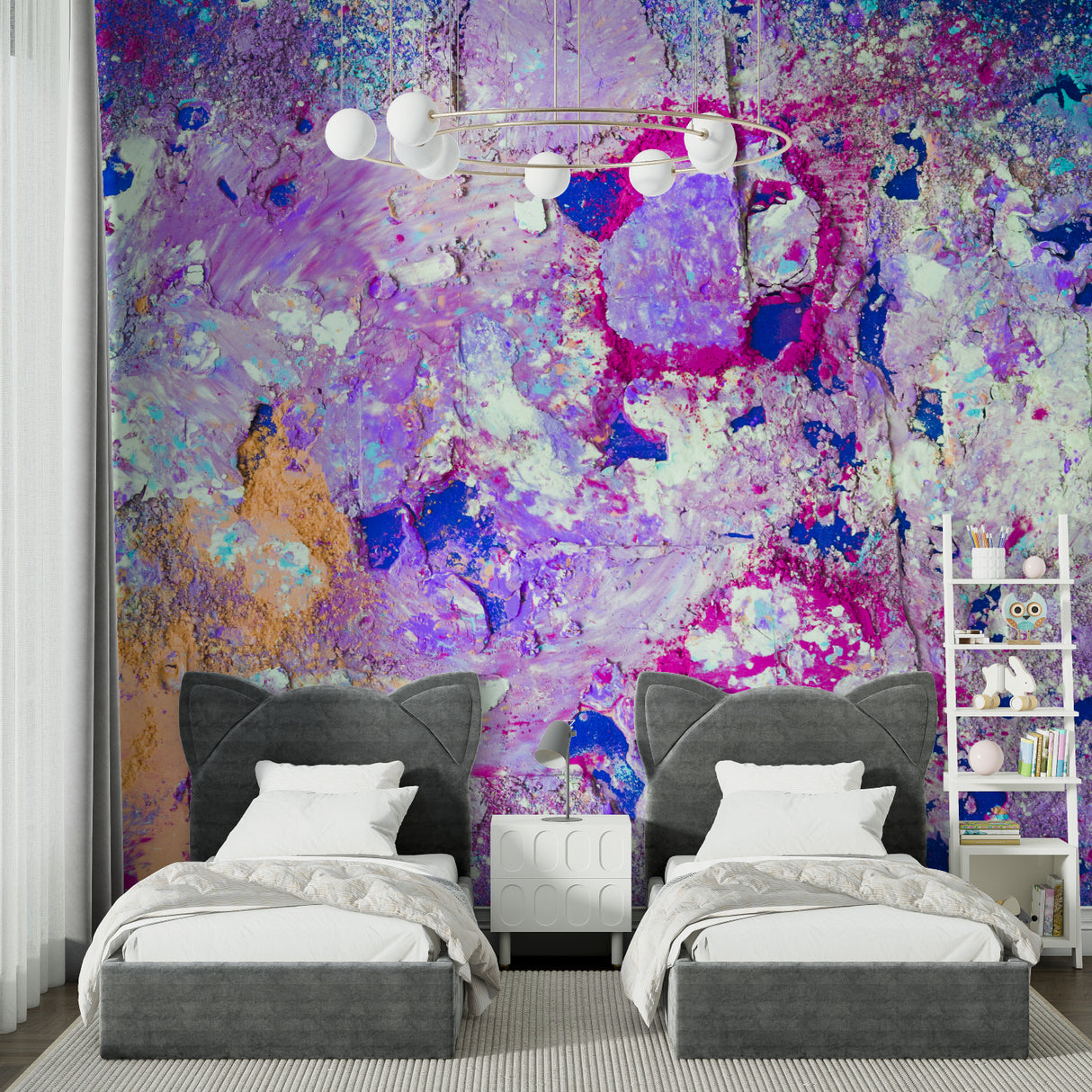 Abstract Blue and Purple wall mural in contemporary bedroom setting