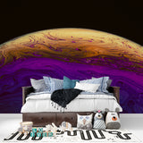 Purple and gold cosmic wave wallpaper in modern living room with contemporary furniture