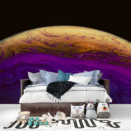 Purple and gold cosmic wave wallpaper in modern living room with contemporary furniture