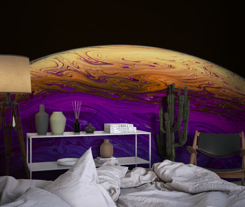 Abstract cosmic mural in master bedroom creating dreamy atmosphere
