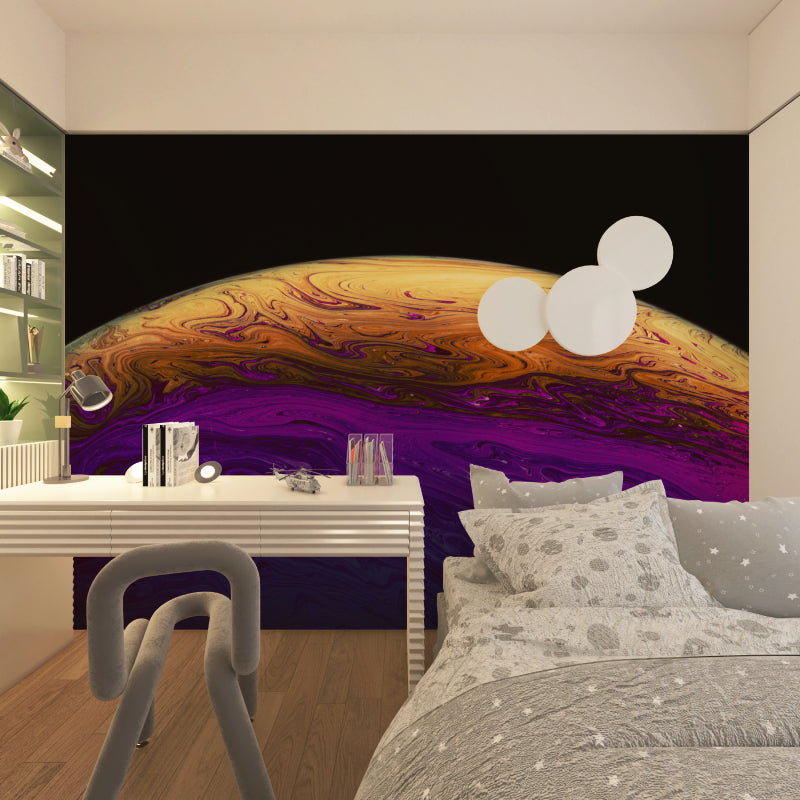 Galaxy wave wallpaper in home office with minimalist desk setup