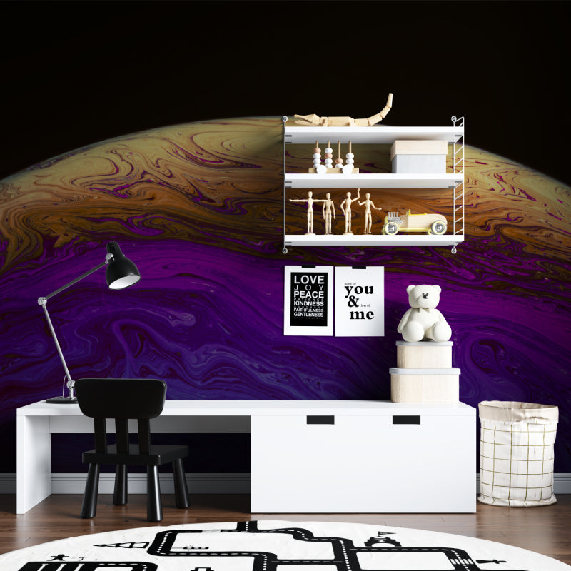 Purple abstract wall mural in dining room with gold accents