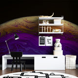 Purple abstract wall mural in dining room with gold accents