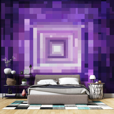 Purple geometric tunnel wallpaper creating depth in a modern living room with minimal furniture and natural lighting