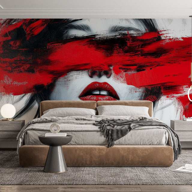 Abstract portrait mural wallpaper showcased in a modern living room with minimalist furniture and ambient lighting