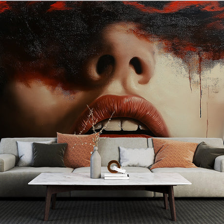 Abstract portrait mural wallpaper creating dramatic impact in modern living room with red and black tones