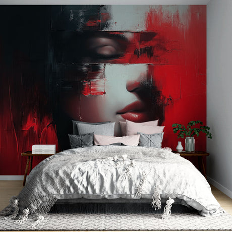 Abstract portrait wallpaper in red and black tones creating drama in a modern living room setting