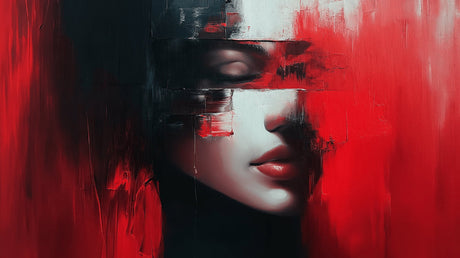 Abstract portrait wall mural design file showing detailed red and black artistic pattern