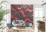 Contemporary office space featuring bold abstract wave pattern wallpaper