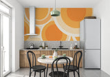 Modern orange circle wallpaper in hallway with minimal decor