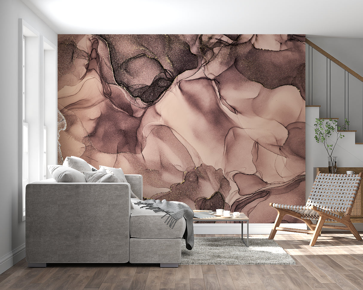 Rose gold abstract wallpaper creating a luxurious atmosphere in a modern living room setting