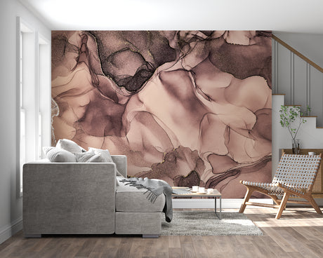 Rose gold abstract wallpaper creating a luxurious atmosphere in a modern living room setting