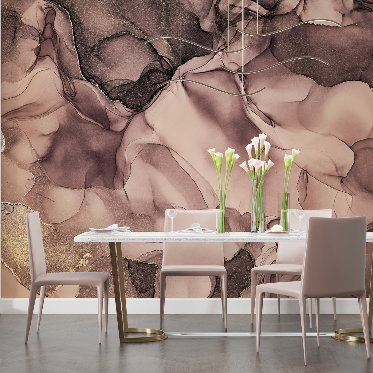 Watercolor art wall mural showcased in an elegant master bedroom