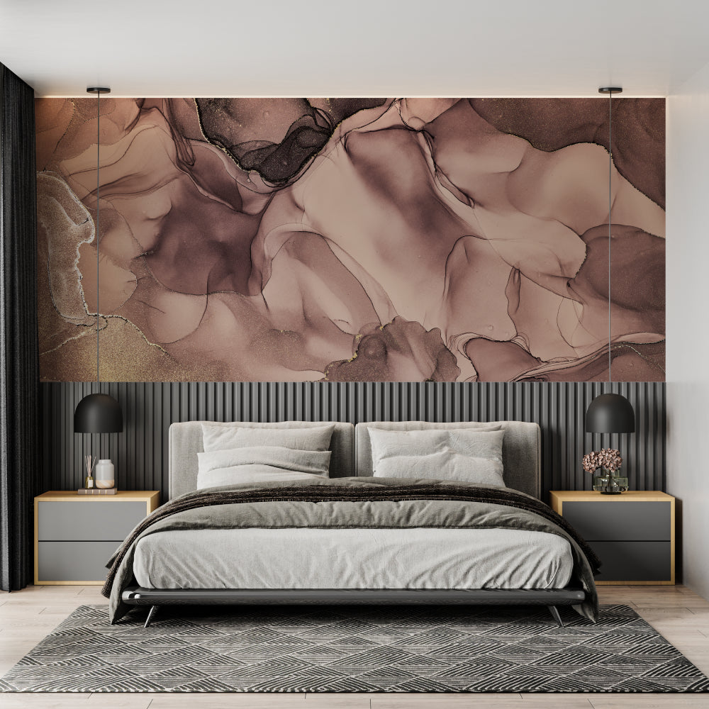 Abstract rose gold mural adding sophistication to a dining room