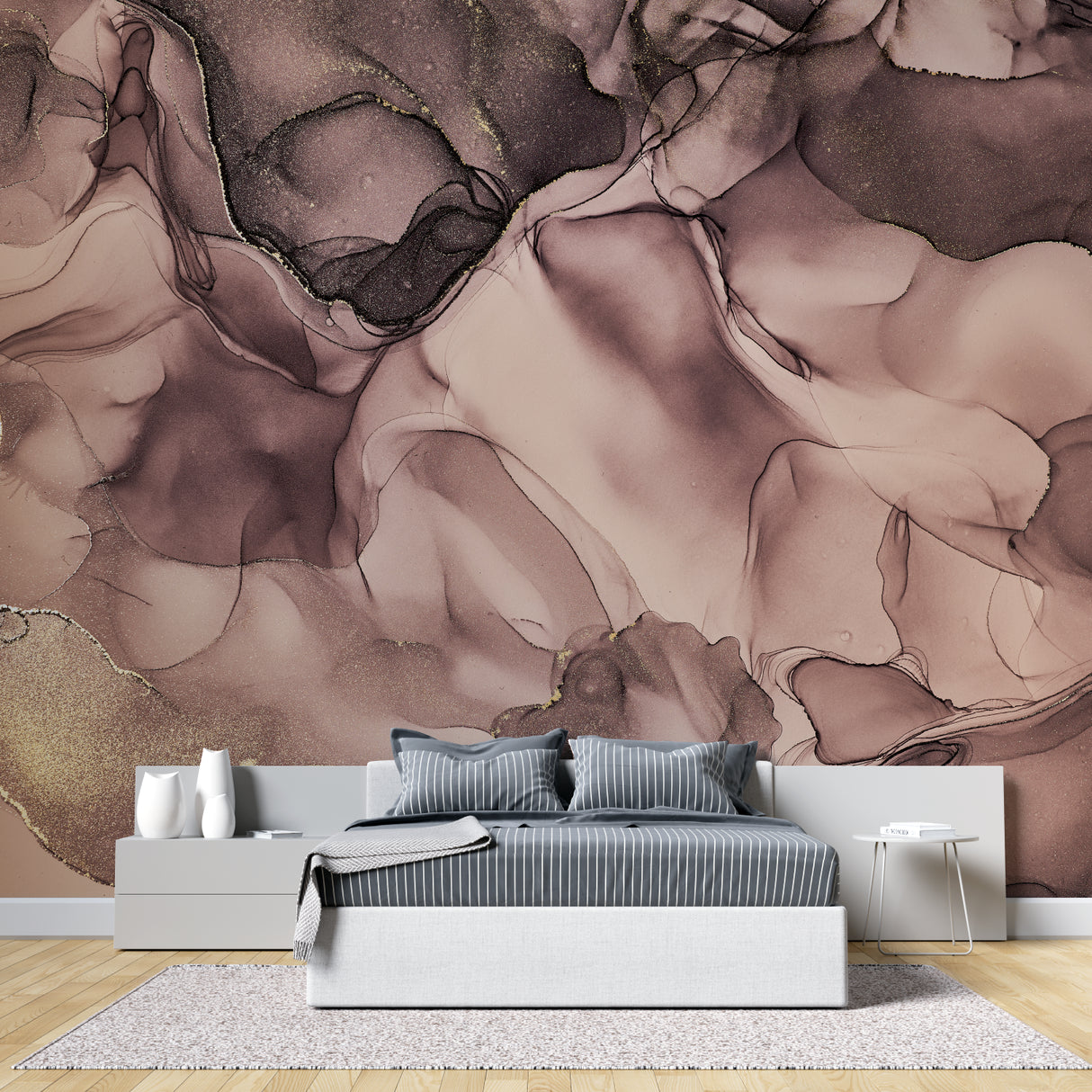Modern abstract wallpaper featured in a minimalist home office