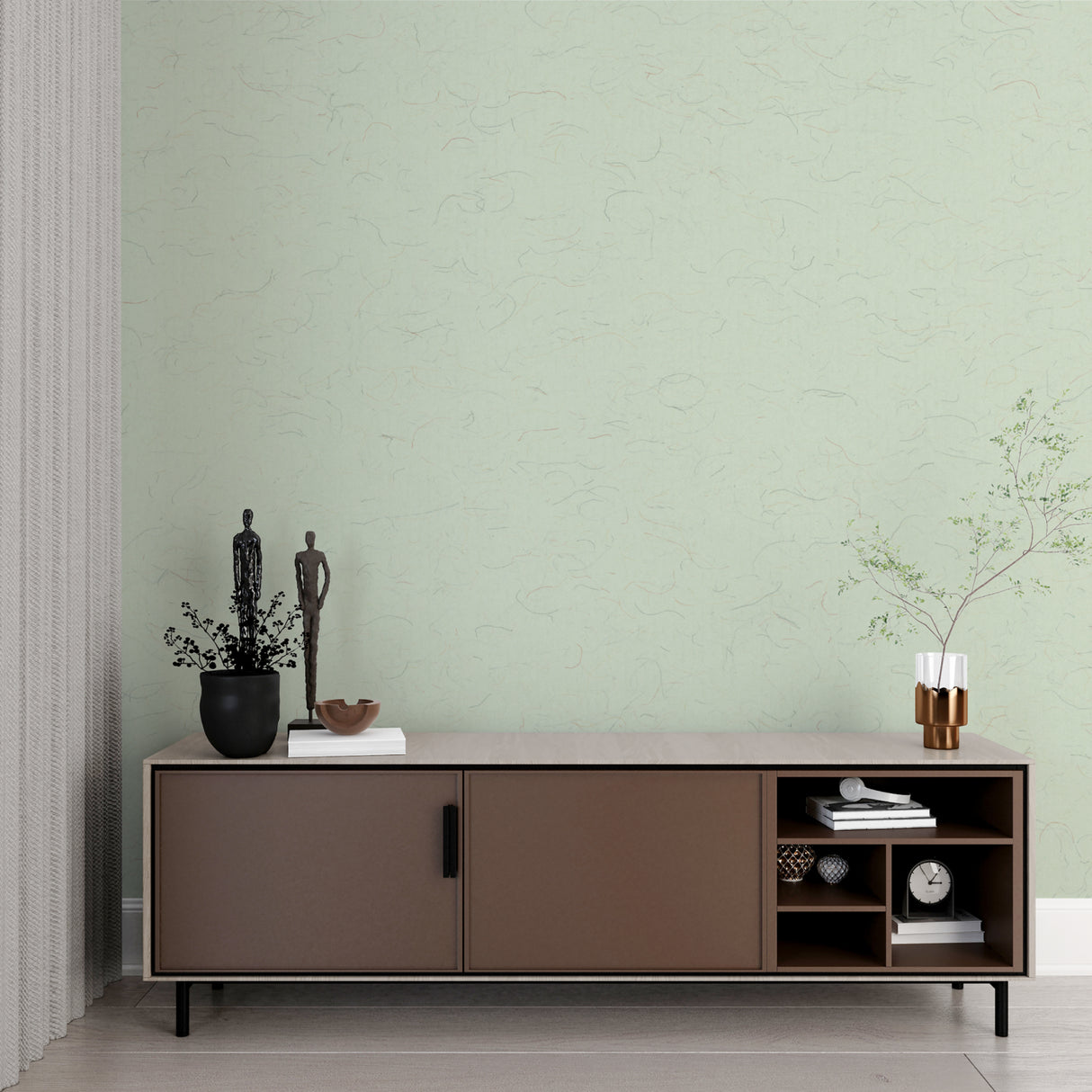 Abstract sage wallpaper creating calm atmosphere in minimalist bedroom setting
