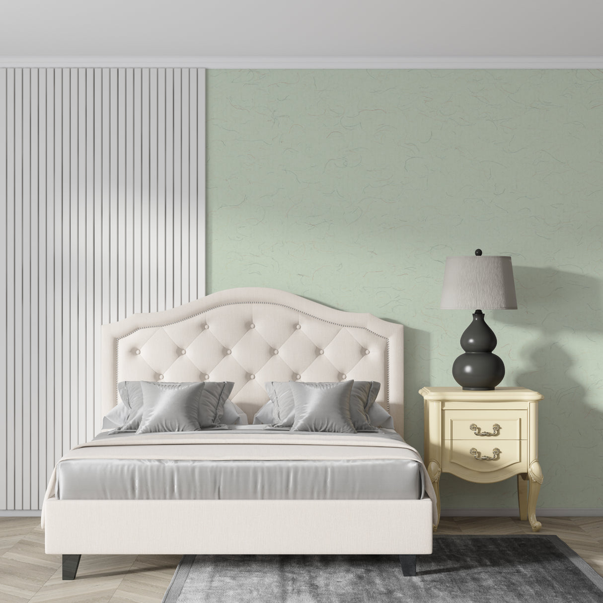 Sage abstract wallpaper in dining room with evening light casting gentle shadows