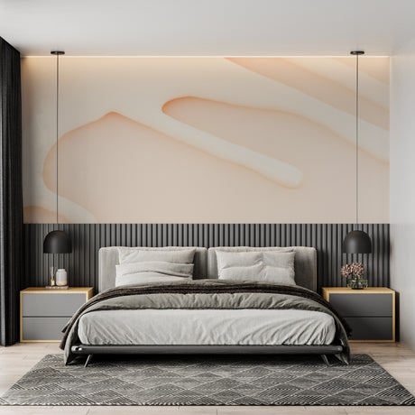 Abstract curved line wallpaper in modern living room creating a calm, sophisticated atmosphere