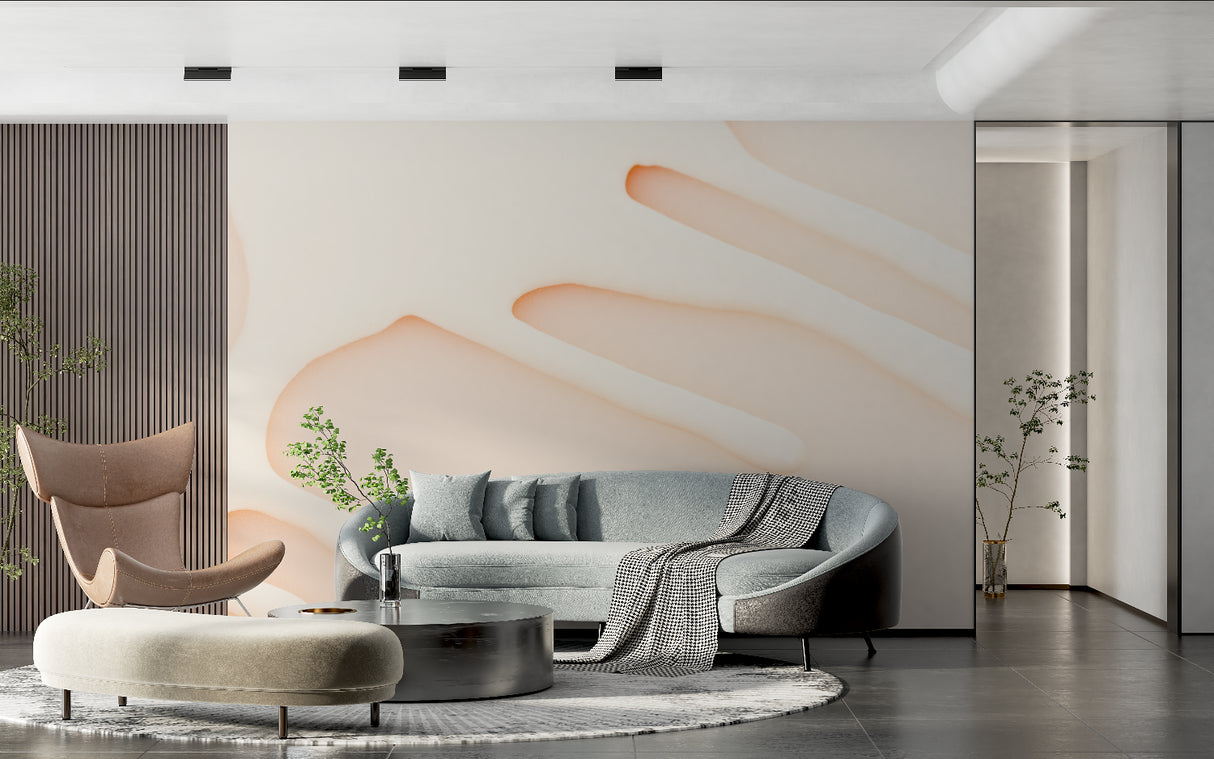 Beige abstract wall mural in minimalist bedroom showcasing flowing curves