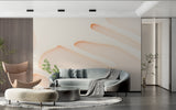 Beige abstract wall mural in minimalist bedroom showcasing flowing curves
