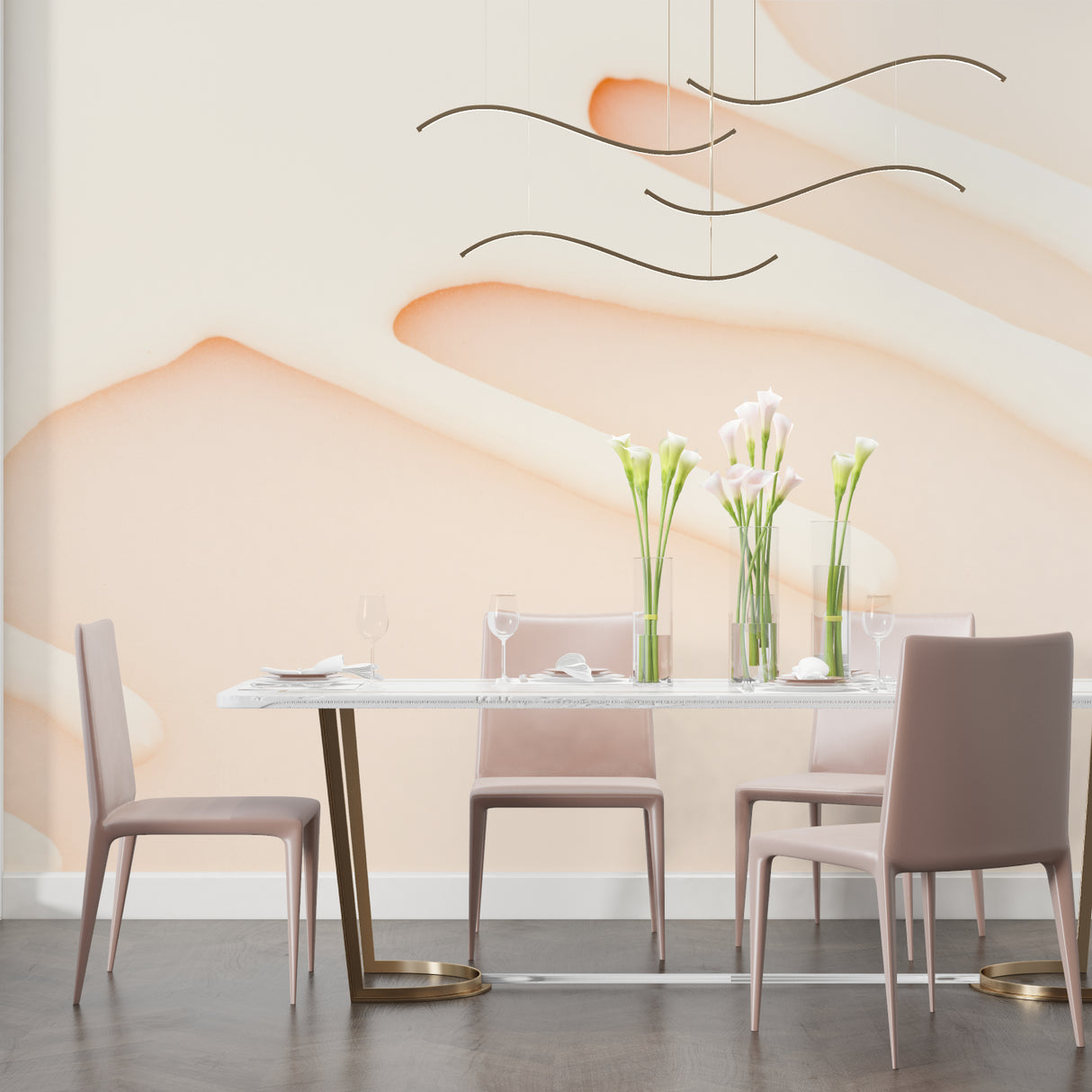 Contemporary home office featuring soft beige curved line wallpaper