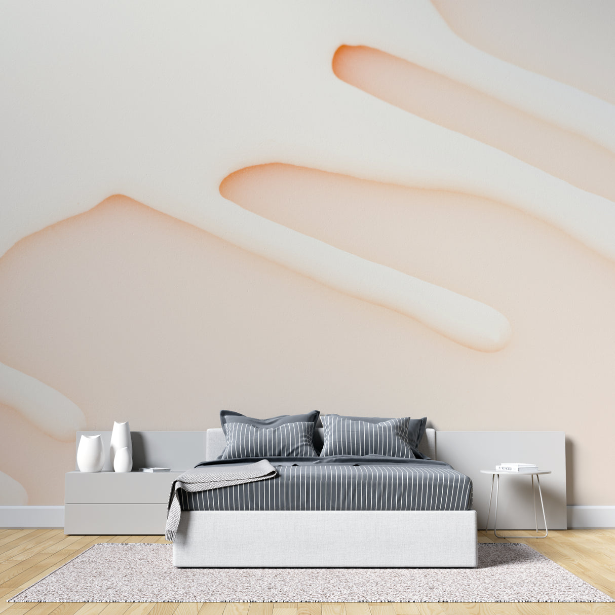 Curved line wall mural creating depth in modern hallway space