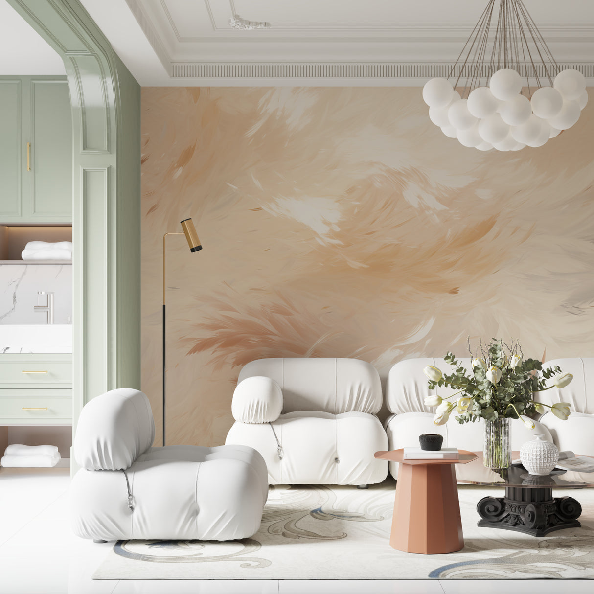 Abstract beige feather wall mural adding warmth to a minimalist bedroom setting
