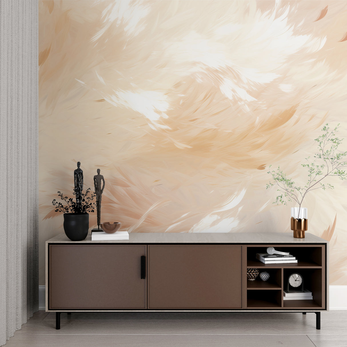 Soft feather pattern mural wallpaper in a cozy home office space