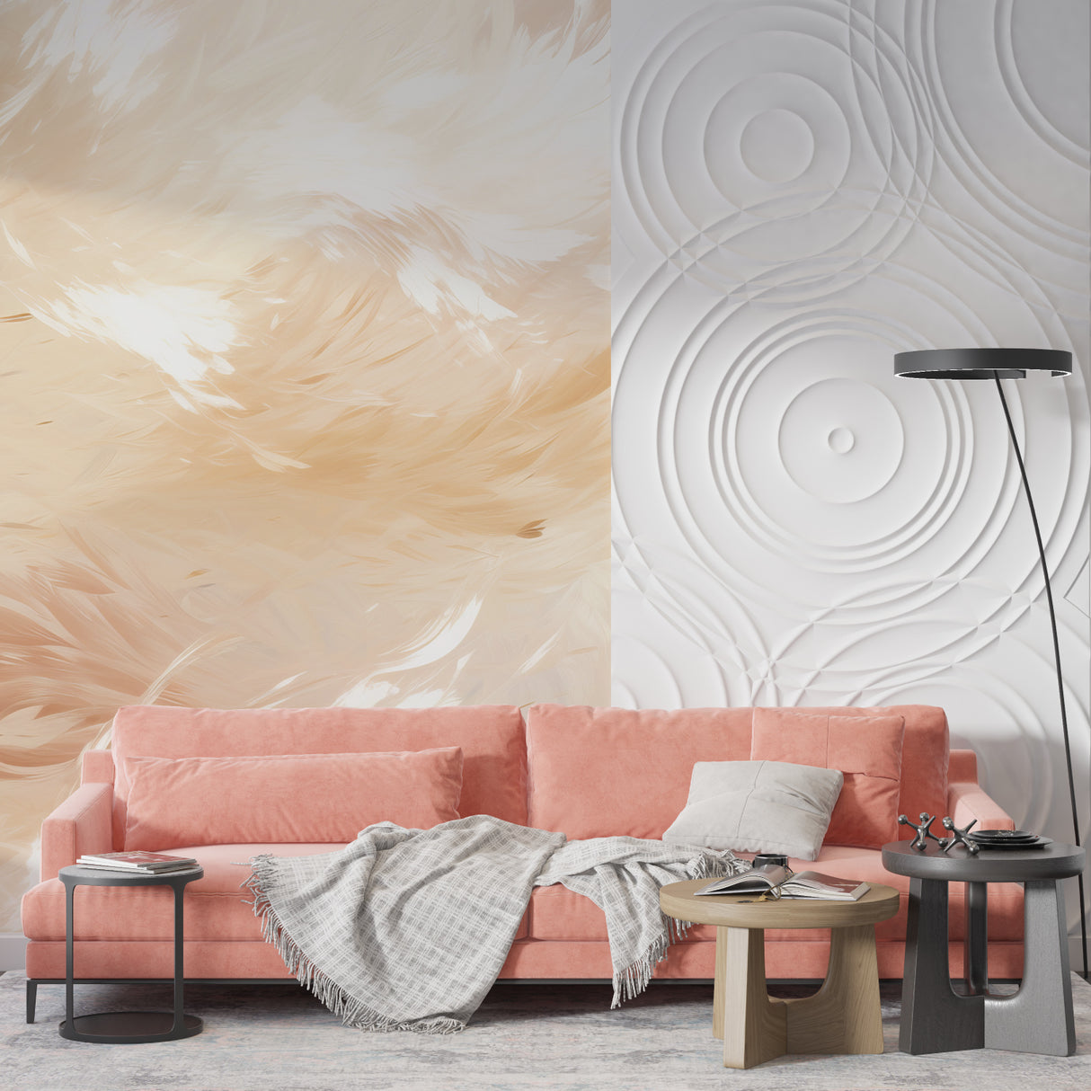 Modern feather wall mural bringing elegance to a dining room