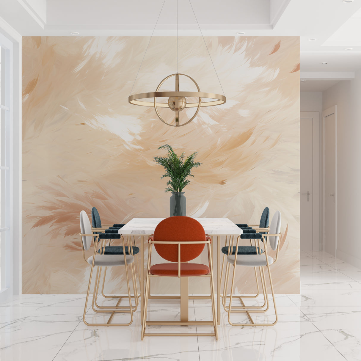 Abstract beige wallpaper creating a calming atmosphere in an entrance hall