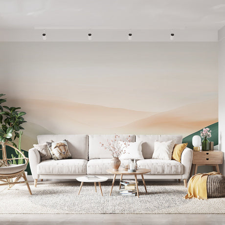 Abstract mountain wallpaper creating depth in a modern minimalist living room with natural lighting and clean furniture