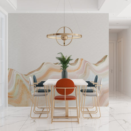 Marble abstract wallpaper in modern living room showing soft pastel waves creating depth