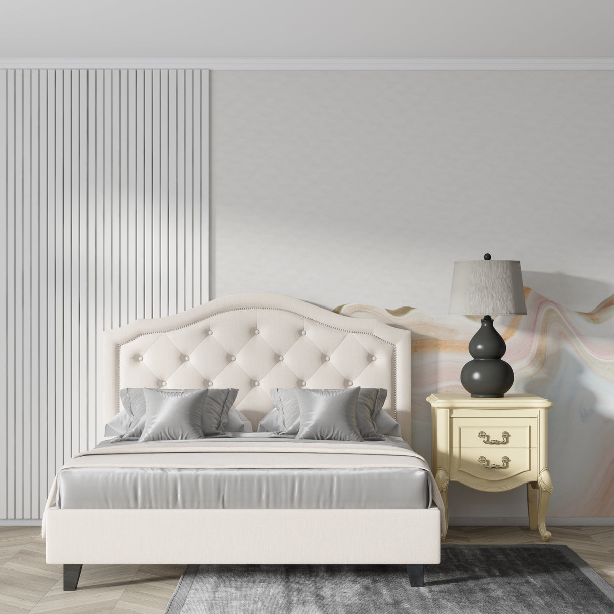 Soft pastel marble wallpaper in home office showing gentle flowing pattern